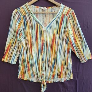 Coral Bay Orange and Blue Abstract Print Buttoned Tie Front Blouse. Size L